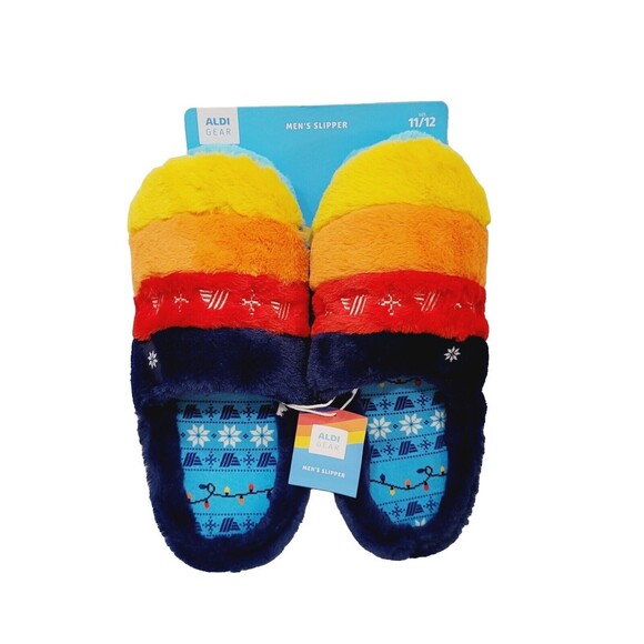 ALDI GEAR 2023 Men's Rainbow Holiday Plush Logo Slippers Limited Ed, Size 11/12 - Picture 2 of 8